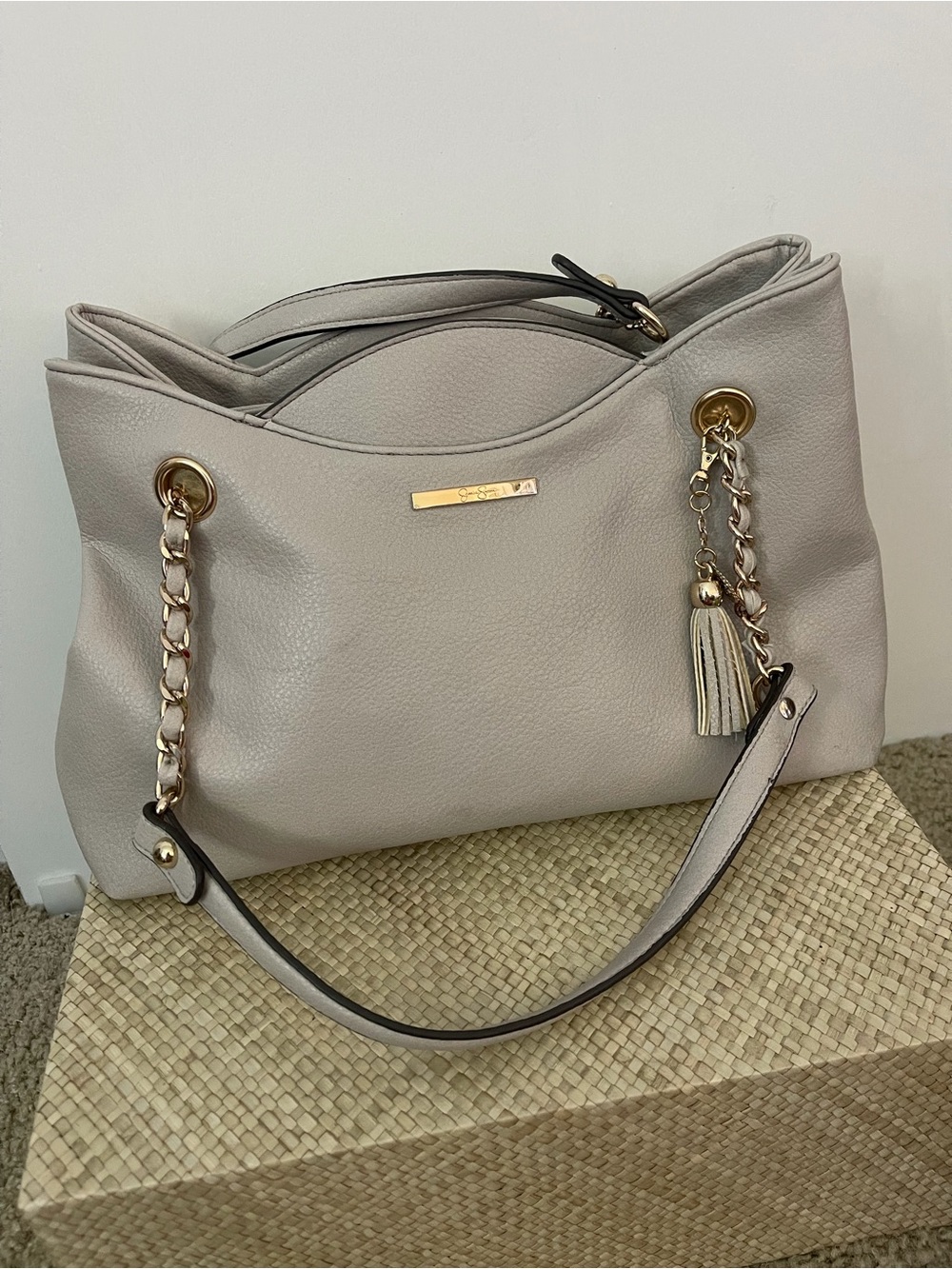 Jessica Simpson Light Gray Chain-Accent Shoulder Tote
